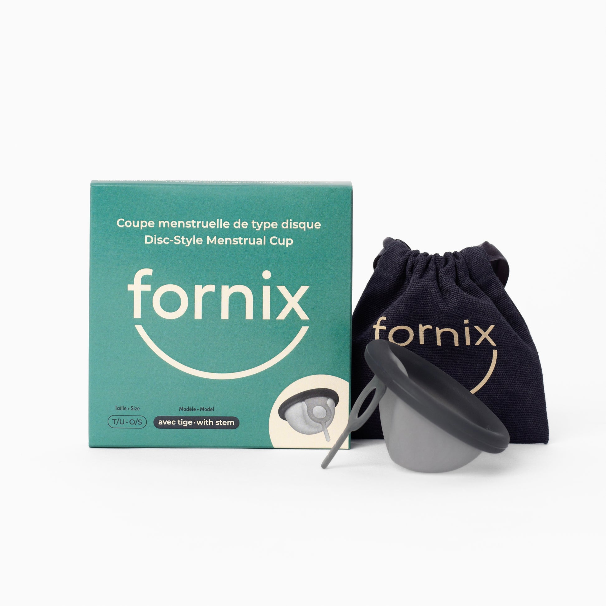 Coupe menstruelle réutilisable de type disque Fornix avec tige. Diamètre de 62 mm. Contient une pochette de rangement faite de coton biologique.